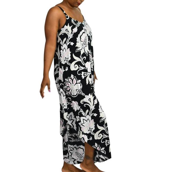 Wide Leg Jumpsuit Black Printed Draped Pink Straps Capri Loose Sack Size Medium - Picture 6 of 13